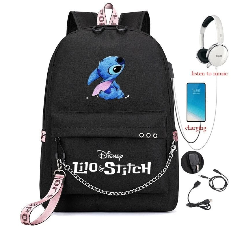 Disney Kawaii Stitch Bag Zipper USB Charging Mochila Capacity Backpack Women Kpop School Bags for Teenage Girls Students