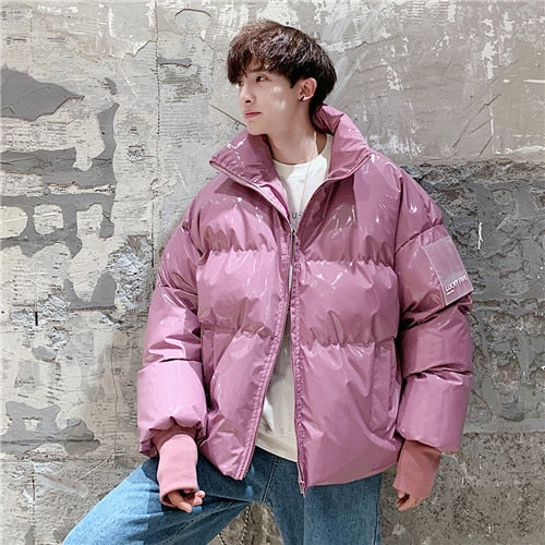 NEW Winter collar loose bright leather fabric jacket wind thick warm coat men women couple purple cotton clothing