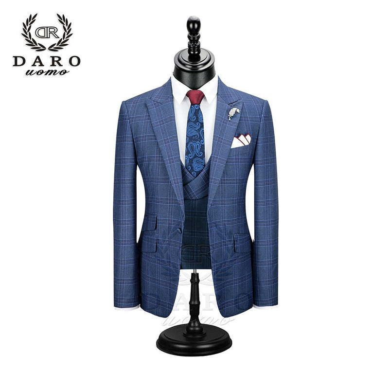 DARO 2022 nuevo traje de hombre 3 piezas traje a cuadros de moda Slim Fit azul púrpura vestido de boda trajes Blazer pantalón y chaleco DR8193