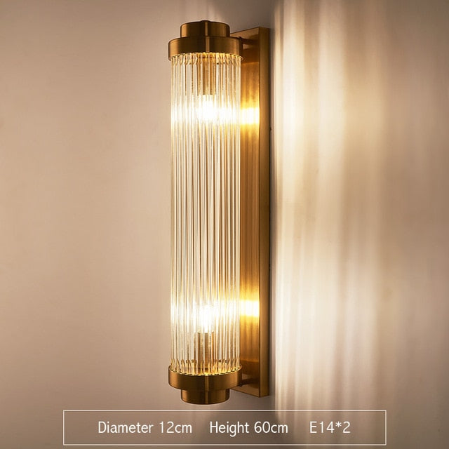 Envío rápido, luz de pared interior moderna de cristal dorado para dormitorio, mesita de noche, decoración de sala de estar, aplique LED, lámpara de baño