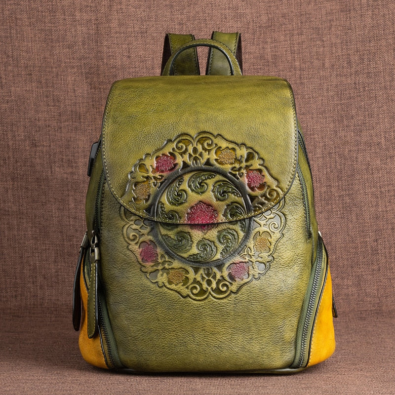 Mochila Retro de cuero genuino para mujer, bolso de invierno 2022 hecho a mano con estampado Floral, mochila de gran capacidad, mochilas Vintage para mujer