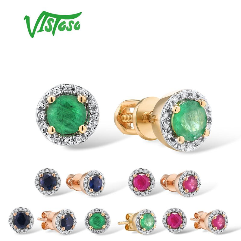 VISTOSO Gold Earrings For Women Genuine 14K 585 Yellow Rose Gold Round 4mm Emerald Blue Sapphire Ruby Stud Earrings Fine Jewelry