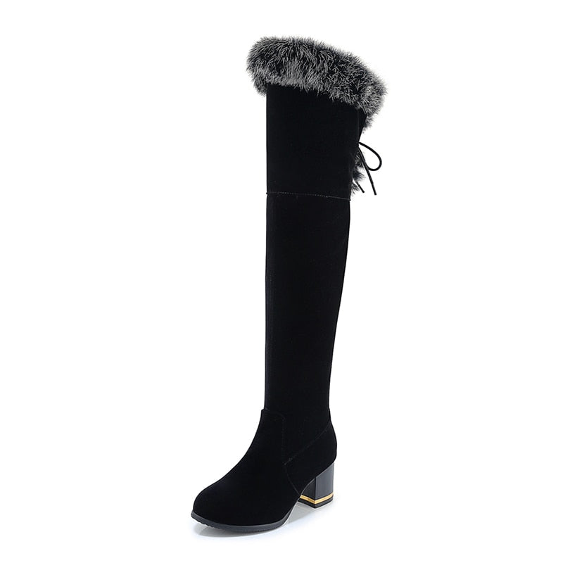 Gdgydh, botas de invierno de piel Natural para mujer, botas largas hasta la rodilla, zapatos de invierno de tacón cuadrado, suela de goma impermeable para mujer de talla grande 46