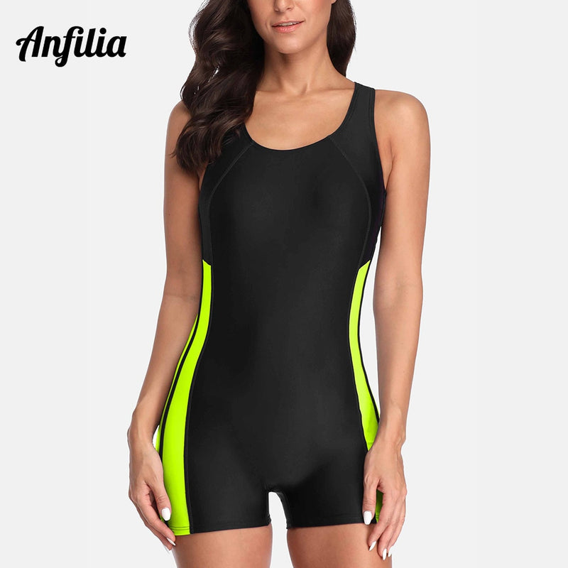 Anfilia One Piece Women Pro Sports Swimwear Boyleg Sport Swimsuit Patchwork Bikini Beach Wear Bathing Suit