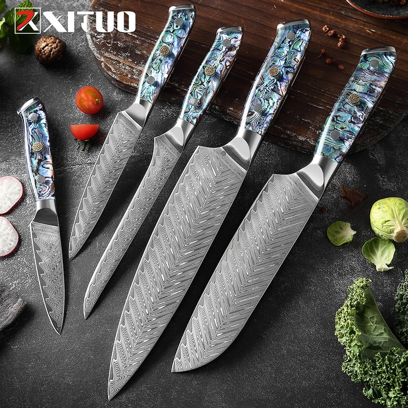 XITUO Damascus Steel knife Set 1-5 PCS Kitchen Tools Chef Knife Japanese Santoku Knives Boning knife Exquisite Shell Handle New