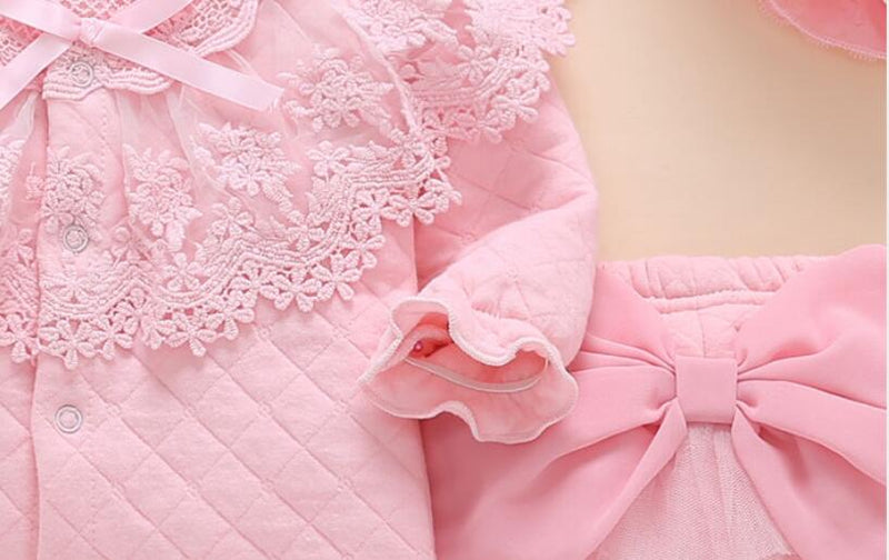 Newborn baby girl fall winter clothes outfits &amp; set Medium thick warm padded top outerwear+pants+hat pink lace princess outfits