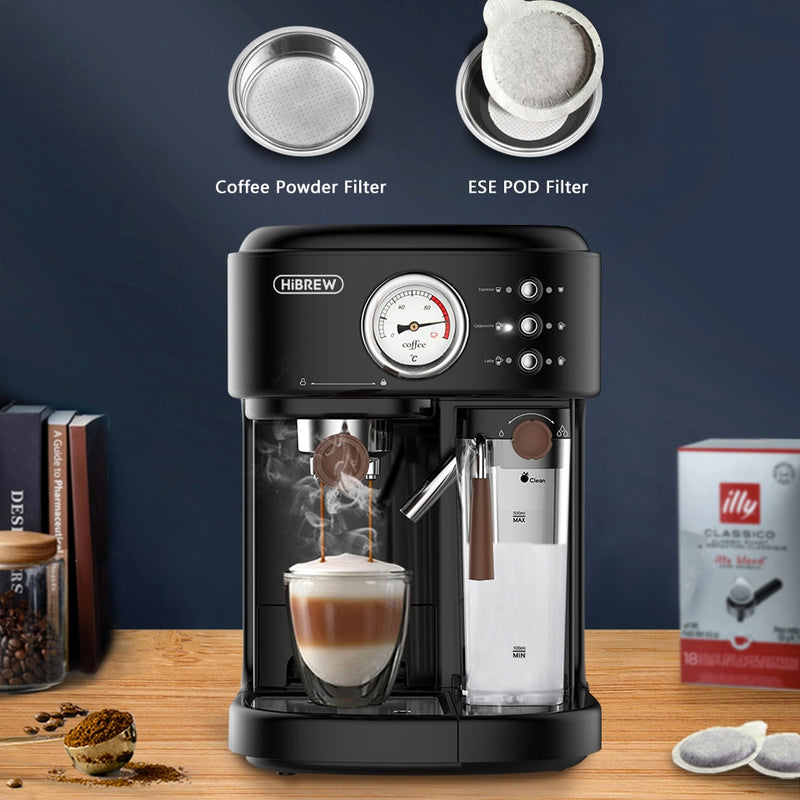 HiBREW Vollautomatischer Espresso Cappuccino Latte 19Bar 3 in 1 Kaffeemaschine Automatischer heißer Milchschaum ESE pod&amp;Ground Coffee H8A
