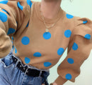 Korean Puff Sleeve Women Pullover Knitwear 2020 Spring Autumn Polka Dot Winter Top Knitted O-Neck Sweater Bottom Jumper
