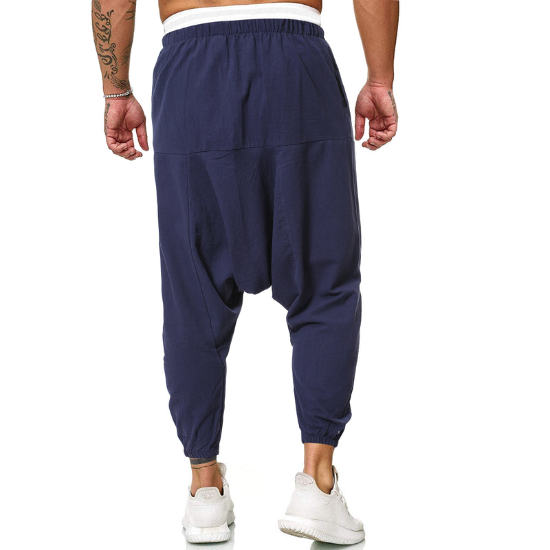 2022 pantalones cruzados de lino para hombre, pantalones bombachos holgados para hombre, pantalones negros sólidos para hombre, joggers de hip hop, ropa de calle para hombre, pantalones de piernas anchas