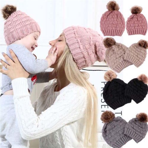 lioraitiin Mom Kid Beanie Hat Cap Knitted Hat Newborn Baby Knit Soild Cotton Blend Cap