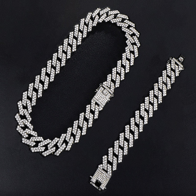 Hip Hop 1kit 20MM Silver Color Heavy Full Iced Out Paved Rhinestones Prong Cuban Chain CZ Bling Choker Necklaces For Men Jewelry