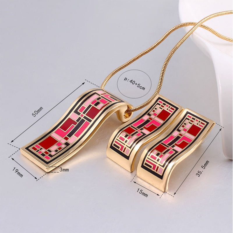 Conjuntos de joyería de oro de Dubái para mujer, conjunto de collar de esmalte clásico elegante rojo (collar, pendiente)