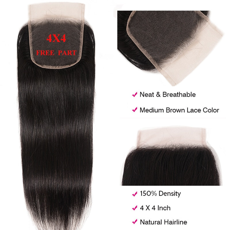Unice Hair 4X4 Cierre de encaje Pelo lacio brasileño Pre desplumado Cierre Encaje Remy Color natural humano Negro