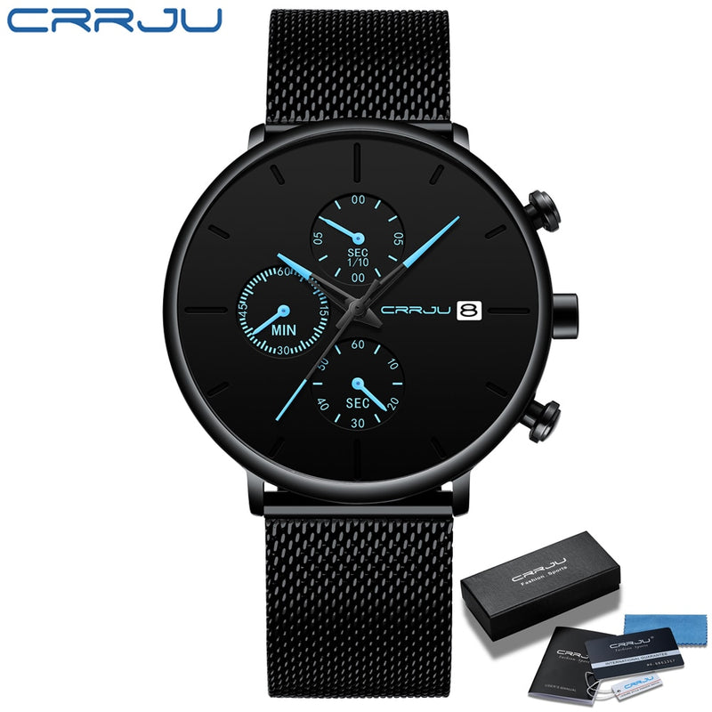 CRRJU Mens Watches Luxury Sport Wrist Watch Unique Design Stainless Steel Auto Date Mesh Strap Men Fashion Casual Quartz Watches