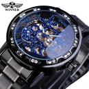 Winner Transparent Diamond Mechanical Watch Blue Stainless Steel Skeleton Watch Top Brand Luxury Business Luminous Male Clock