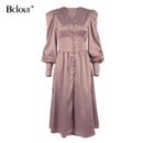 Bclout, elegante vestido camisero de satén con una sola botonadura, moda Beige, ajustado, cuello en V, vestidos largos para mujer, manga larga, bata de otoño e invierno