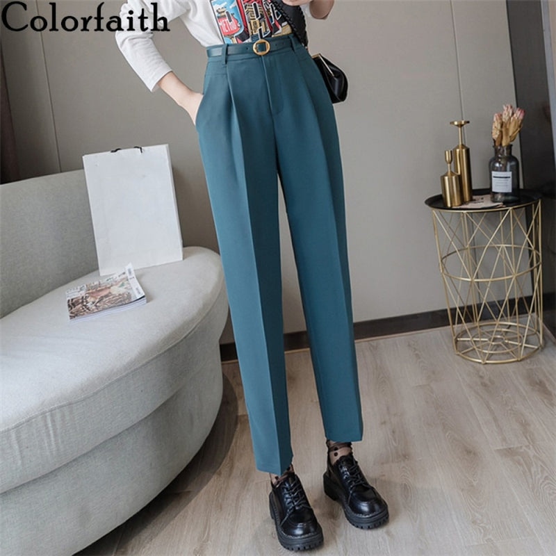 Colorfaith nuevo 2022 cintura alta moda coreana elegante Oficina dama hasta el tobillo con cinturón Primavera Verano mujeres traje pantalones P7223