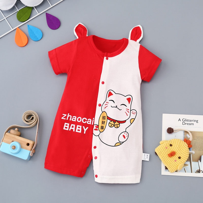 2023 summer baby clothes Casual romper newborn short sleeve cotton cartoon print stripe turn-down Infant baby boys clothing