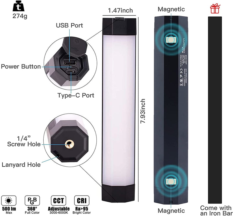 LUXCEO P200 RGB Video Light Baton IP67 Control de aplicación a prueba de agua Incorporado Fuerte Magnético LED Fotografía Palo de iluminación para Tiktok