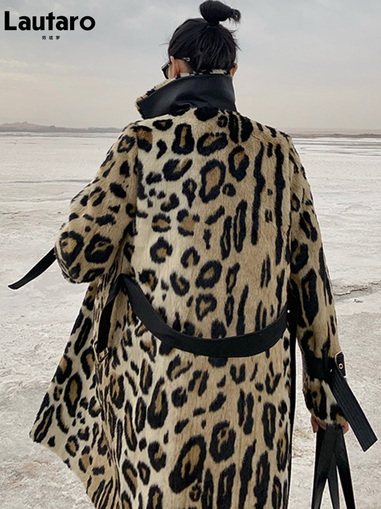 Lautaro Winter Langer Leopardenmuster Warmer Flauschiger Kunstpelz Trenchcoat für Damen Langarm Zweireihig Europäische Mode 2021
