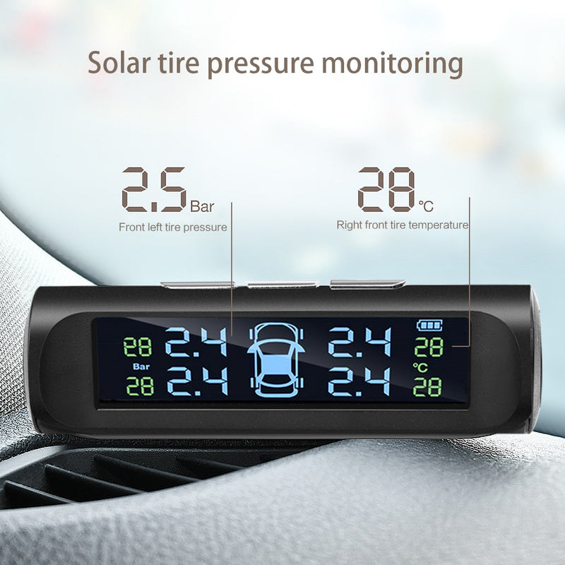 433.92MHZ Car TPMS Digital Solar Power Car Tire Pressure Monitoring System With 4 Sensors USB Auto Security Alarm tool PSI BAR