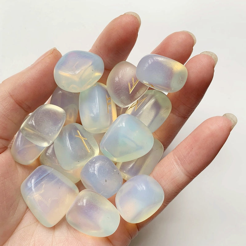 White Opalite Opal Rune Stones Set Tumble Stones Polished Viking Nordic Runes Amulet Divination Crystal 25pcs/set