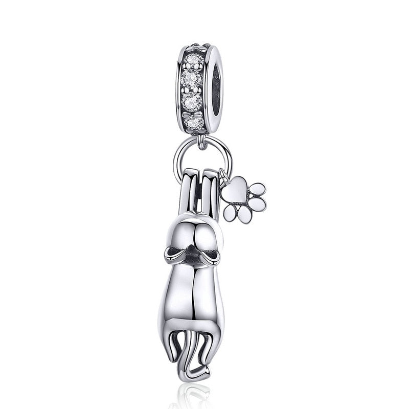 WOSTU Cute Cat Charms 925 Sterling Silver Animal Pussy Zirconia Beads Fit Original Bracelet Pendant DIY Necklace Jewelry