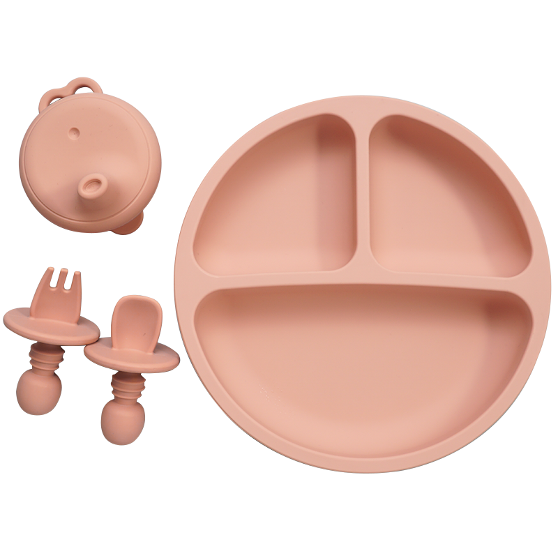 Accesorios para bebés, plato de cena de silicona para alimentación de niños pequeños, cuchara tenedor infantil suave impermeable con cubierta de taza de silicona portátil para niños