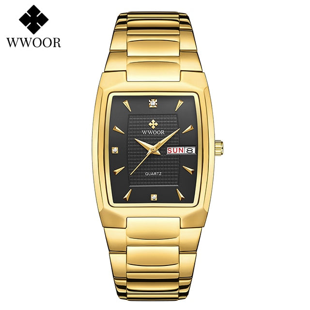 Relogio Masculino WWOOR 2022 Neue quadratische Uhr Herren mit automatischem Wochendatum Mann Quarz Armbanduhren Luxus Edelstahl Gold