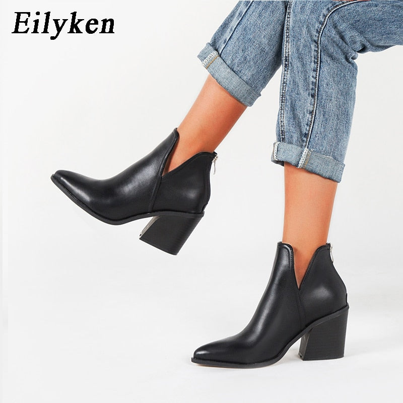 EilyKen, botines para mujer De principios De invierno, botines De tacón cuadrado De vaquero negro informales con cremallera De leopardo para Mujer, Zapatos De Mujer