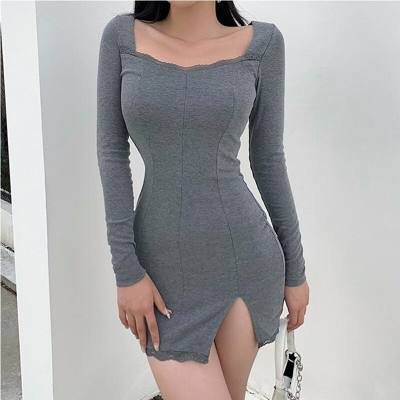 Rockmore Split Lace Sexy Mini Dress Women Transparent Long Sleeve Bodycon Square Collar Above Knee Dresses Party Dress Vedtidos