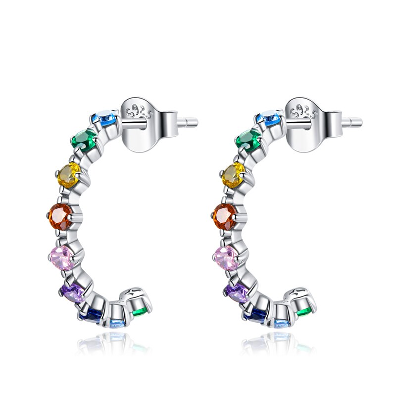 WOSTU Real 925 Sterling Silver Simple Colorful Zircons Stud Earrings Rainbow Earrings For Women Fashion Silver Jewelry CQE1014