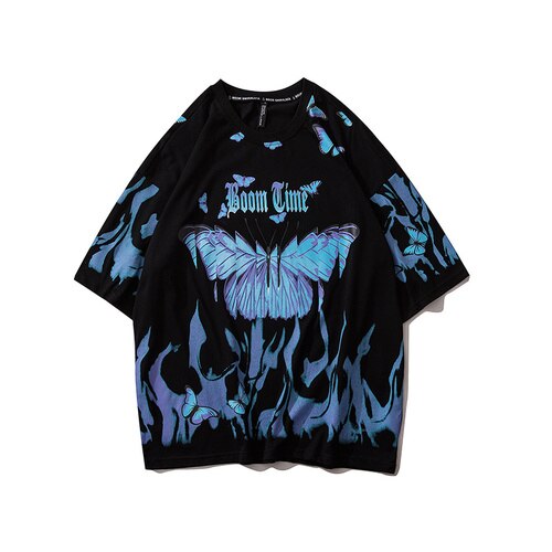 Flame Butterfly Print Short Sleeve T-Shirt Hip Hop Men's Tee 2020 New Summer Oversized Cotton Loose Top Trend Design Dropship