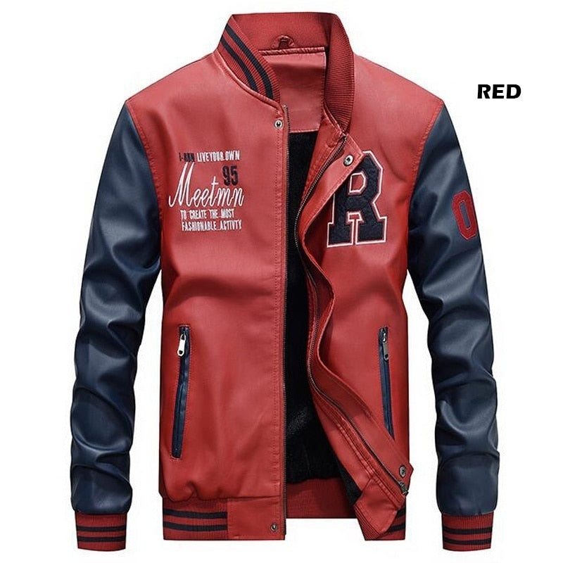 Chaqueta Bomber de cuero para hombre, chaquetas de béisbol, abrigo de piel sintética para motorista, chaqueta de lana para piloto universitario, parte superior de cuero para universidad, motocicleta ajustada negra