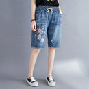 Frauen Sommer Folk Style Elastische Taille Blumenstickerei Kordelzug Zerrissene Shorts Weibliche Bürodame Beiläufige Lose Denim Short