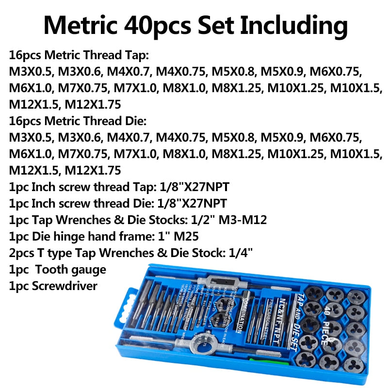 Tap And Die Set 8/20/40pcs Tap Wrench Threading Tools Metric/Imperial Hand Tapping Tools For Metalworking Screw Thread Tap Die