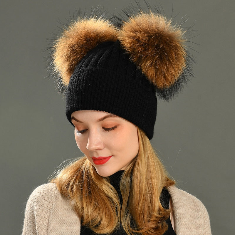 Double Real Raccoon Fur Pompom Hat Women Winter Caps Knitted Wool Hats Skullies Beanies Girls Female Two Fur Pom Pom Beanie Hat