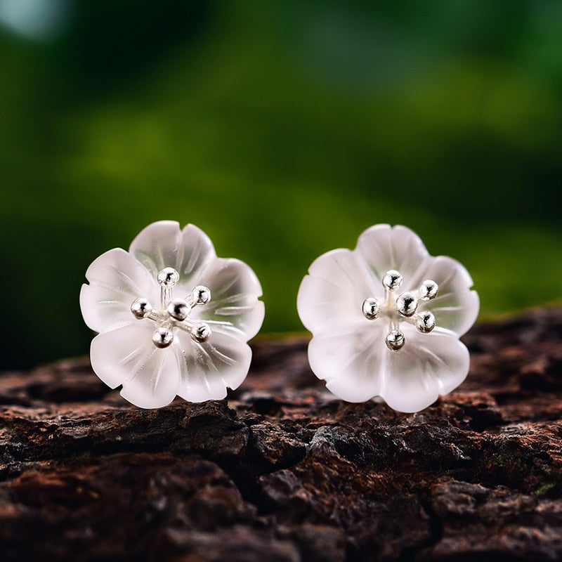 Lotus Fun Real 925 Pendientes de plata esterlina Gemas de cristal natural Joyería fina Flor en la lluvia Pendientes de botón para mujeres Brincos