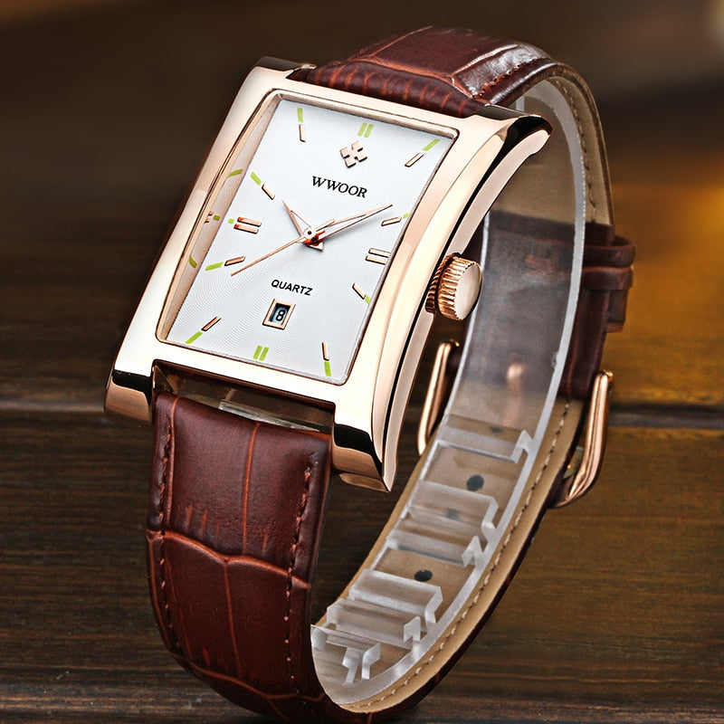 WWOOR Brand Classic Fashion Mens Rectangle Watches Male Gold Brown Leather Quartz Waterproof Wrist Watch For Men Calendar Clocks