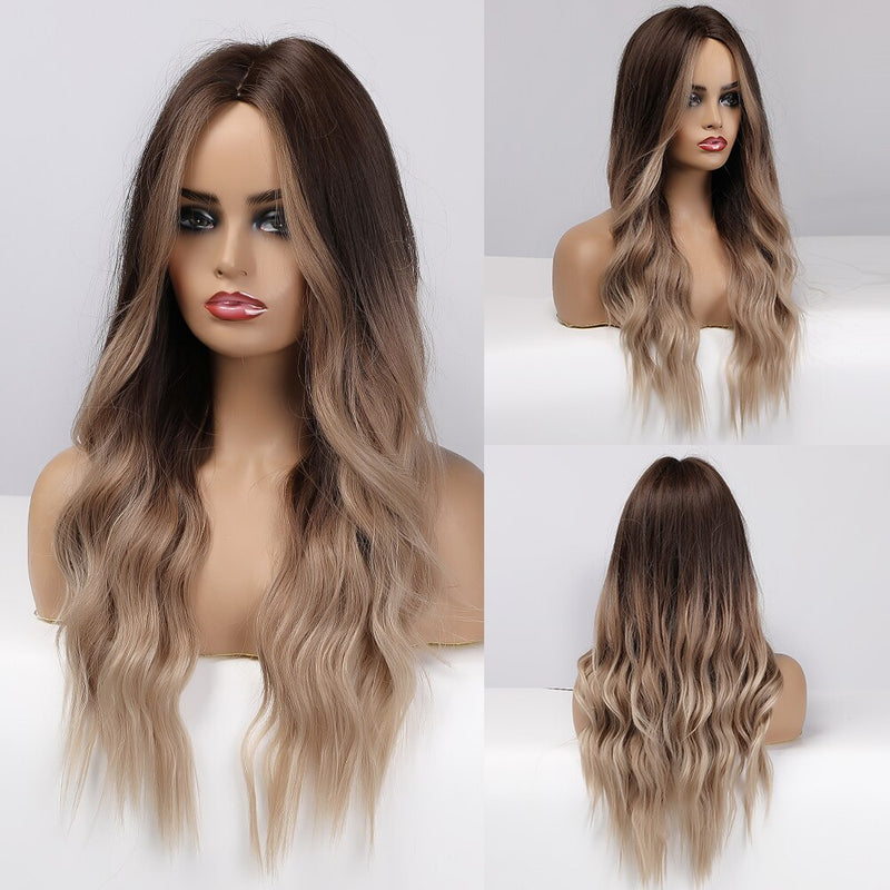 GEMMA Long Wavy Natural Middle Part Synthetic Wig Women Fake Hair Heat Resistant Black Brown Blonde Red Highlight Cosplay Wigs