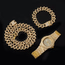 Halskette + Uhr + Armband Hip Hop Miami Curb Kubanische Kette Goldfarbe Iced Out Gepflasterte Strasssteine ​​CZ Bling Rapper Für Herrenschmuck