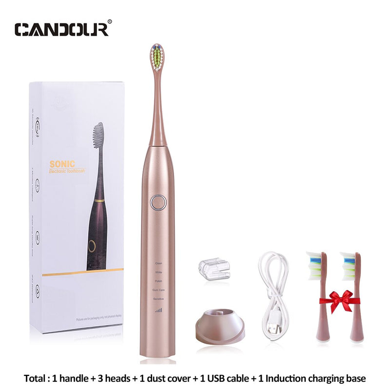 CANDOR CD-5168 Elektrische Schallzahnbürste Wiederaufladbare Zahnbürste IPX8 Wasserdichtes 15-Modus-USB-Ladegerät Ersatzköpfe Set