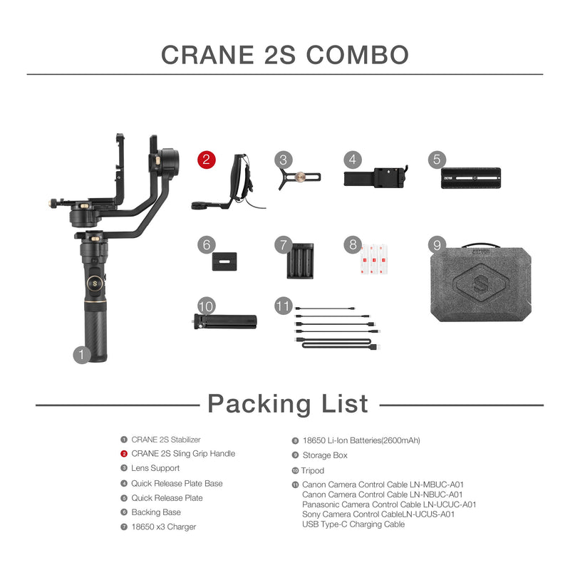 ZHIYUN Offizieller Crane 2S/COMBO/PRO 3-Achsen-Hand-Gimbal-Kamerastabilisator für alle DSLR-Canon-BMPCC-Sony-Panasonic-Kameras