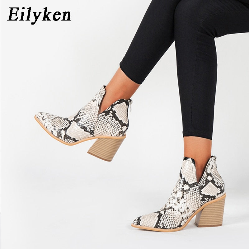 EilyKen Damen Frühwinter Stiefeletten Leopard Damen Reißverschluss Lässig Schwarz Cowboy Square Heel Booties Schuhe Zapatos De Mujer