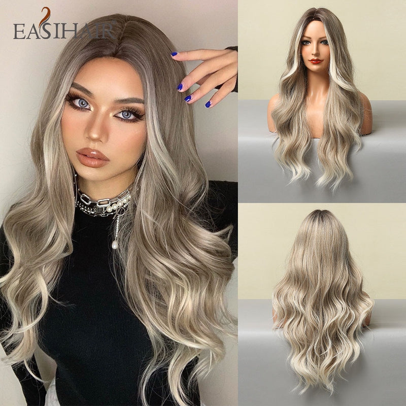 EASIHAIR Long Body Wave Light Brown Wigs with Blonde Highlights Middle Part Cosplay Heat Resistant Synthetic Hair Wigs for Women