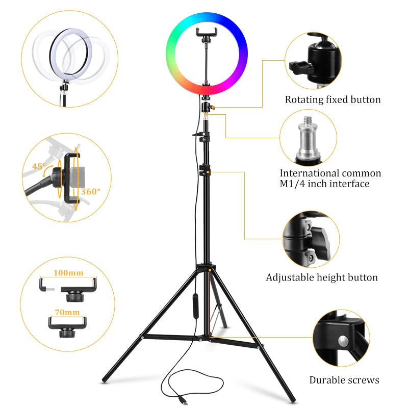 RGB-LED-Ringlicht mit Ständer, bunte Beleuchtung, 29 Farblicht, 3 normale Modi, dimmbares Selfie-10-Zoll-Ringlicht für Youtube-Video