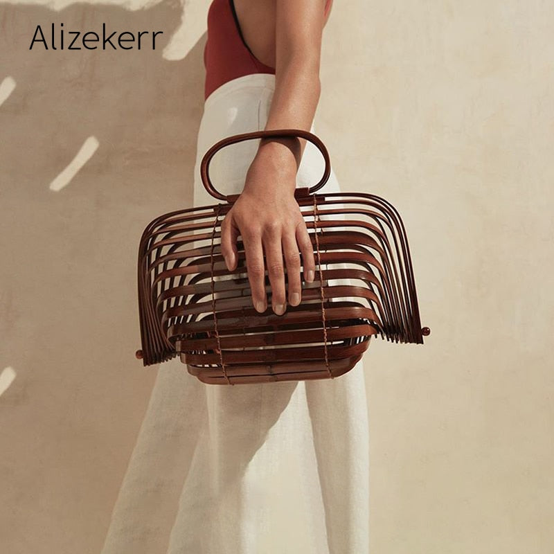 Summer Bamboo Beach Bag Women 2020 New Hand Woven Hollow Out Basket Wooden Purse Ladies Vacation Straw Bag Bohemia Sac Paille