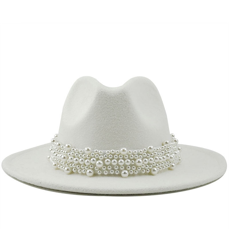 Sombreros de fieltro de lana Jazz para hombre y mujer, sombrero de fieltro con cinta de perlas de cuero, blanco, rosa, amarillo, sombrero de fiesta Formal Trilby de Panamá, 58-61CM