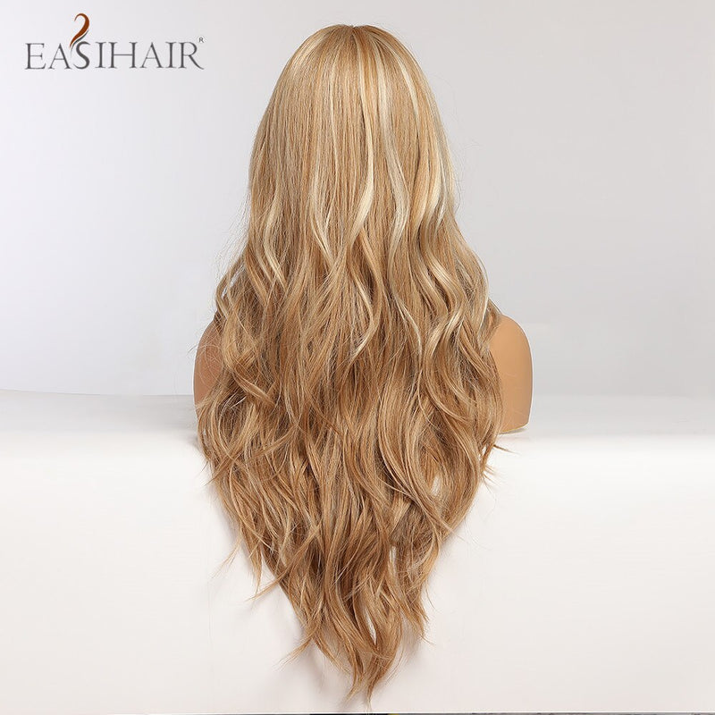 EASIHAIR Long Body Wave Light Brown Wigs with Blonde Highlights Middle Part Cosplay Heat Resistant Synthetic Hair Wigs for Women