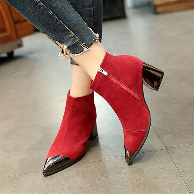 2021 Fashion Ladies High Heels Boots Warm Shoes Pointed toe Women Winter Chelsea Boots Women Ankle Boots Square Heel 6cm N046